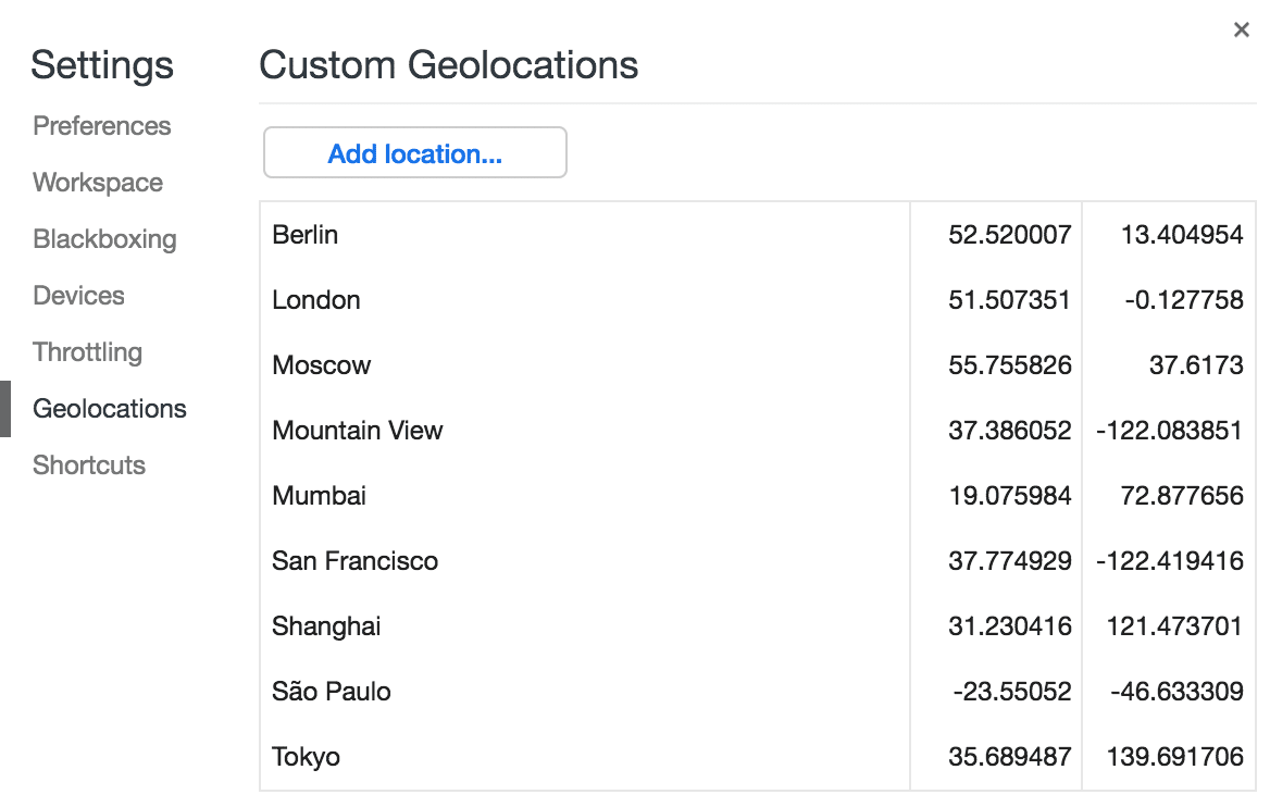 Guia &quot;Geolocalização&quot; em &quot;Configurações&quot;