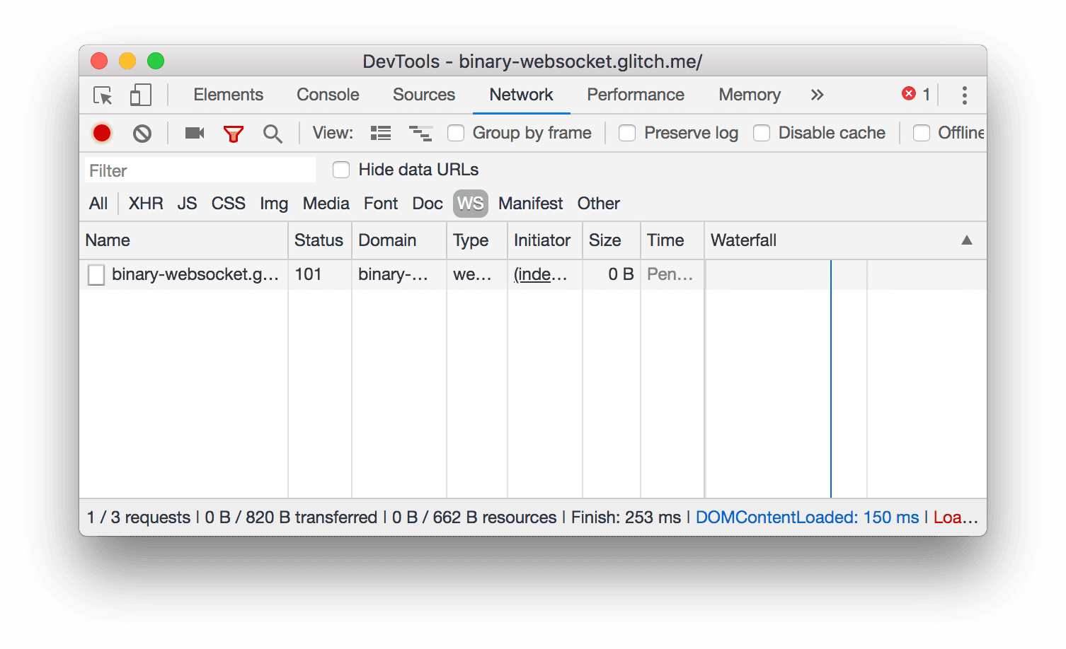 Dopo aver fatto clic su WS, vengono visualizzate solo le connessioni WebSocket.