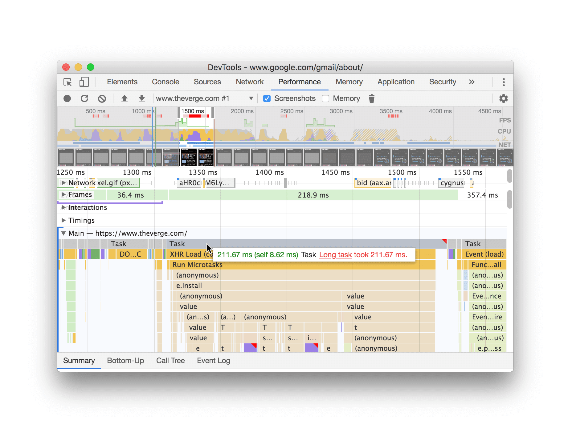 Coloca el cursor sobre una tarea larga en una grabación de rendimiento