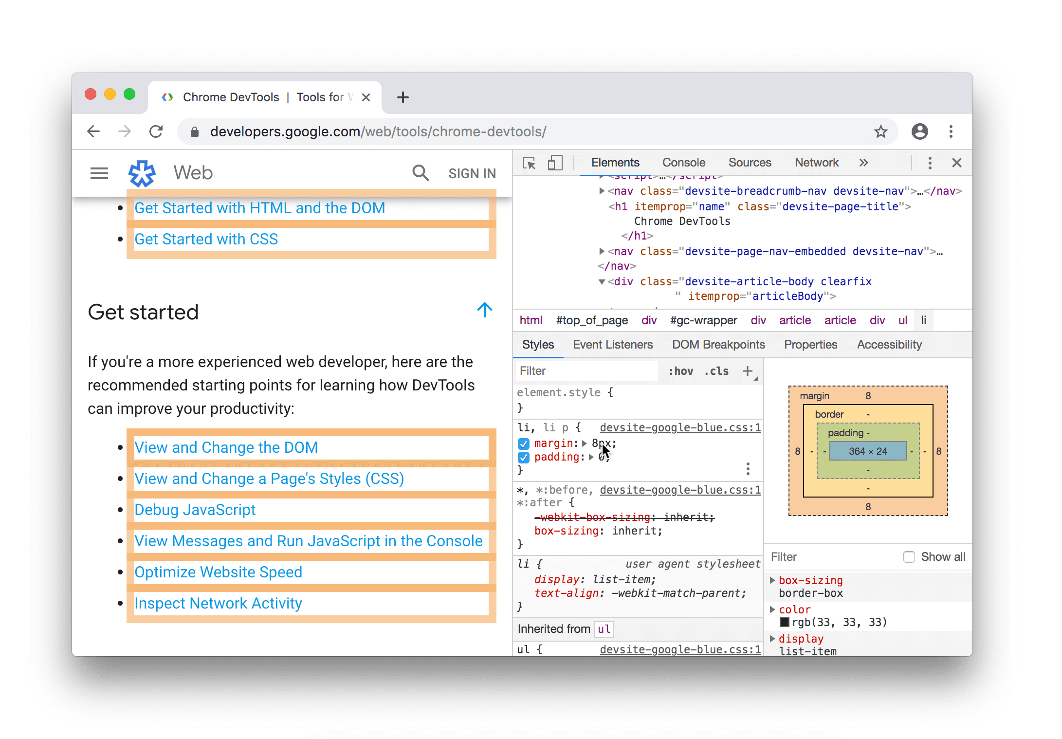 Wenn Sie den Mauszeiger auf ein Margin-Attribut bewegen, werden alle Knoten hervorgehoben, die von dieser Deklaration betroffen sind.