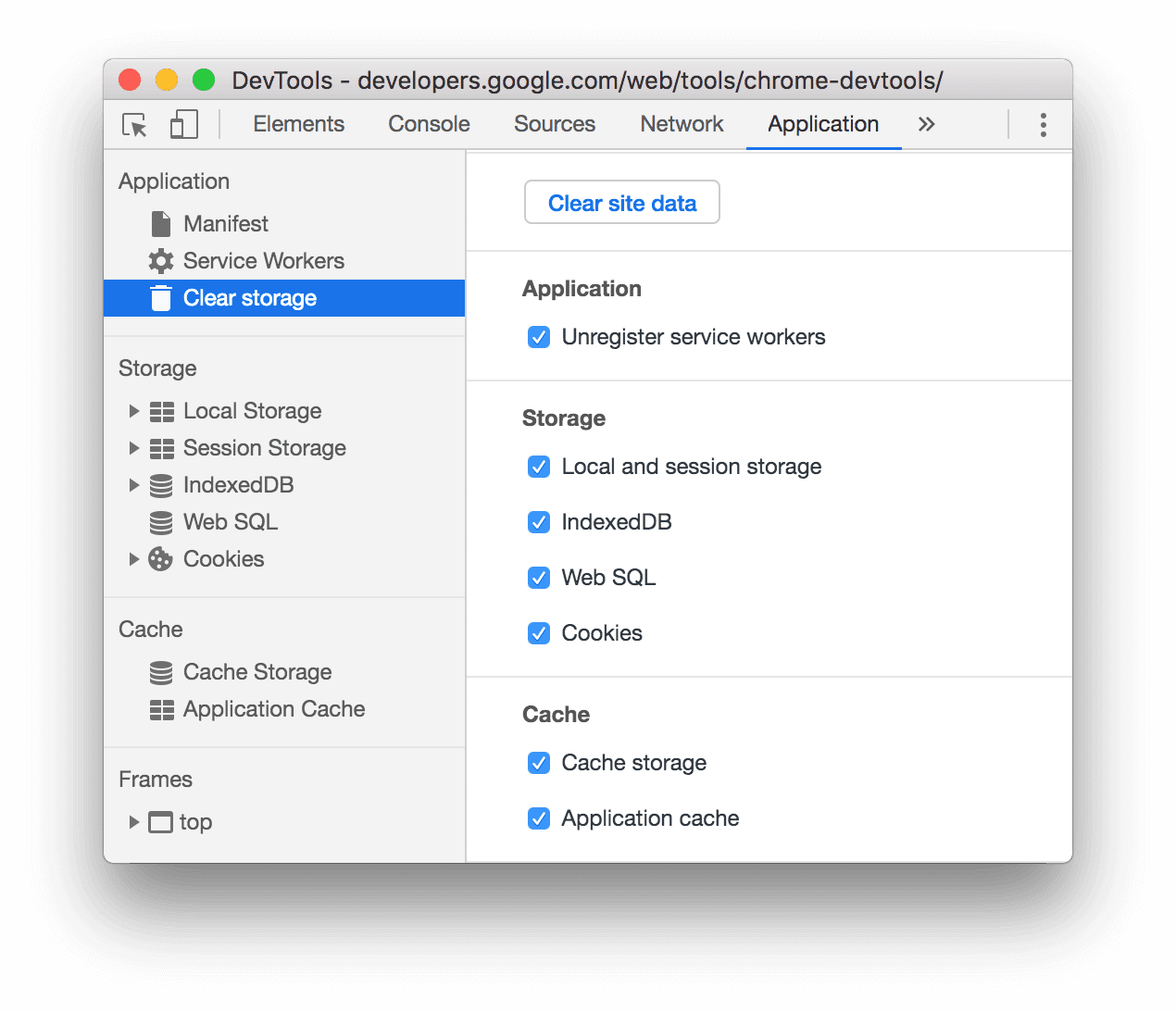 Guia &quot;Application&quot; com &quot;Clear Storage&quot; selecionado.