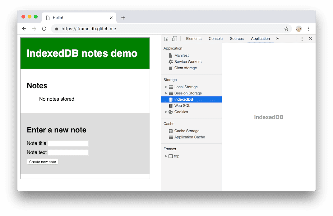 Stare zachowanie. Strona zawiera wbudowany demonstracyjny interfejs, który korzysta z IndexedDB, ale nie widać żadnych baz danych.