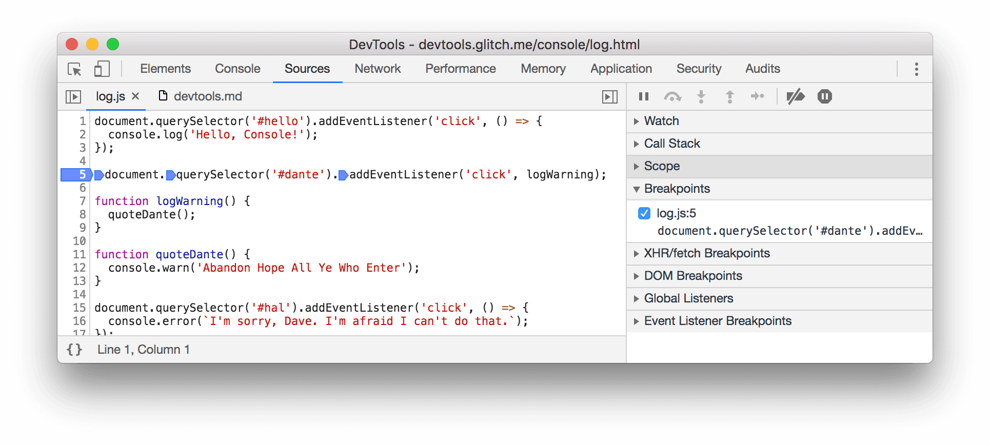 ההתנהגות הישנה. בחלונית Breakpoints (נקודות עצירה) יש רק רשומה אחת.