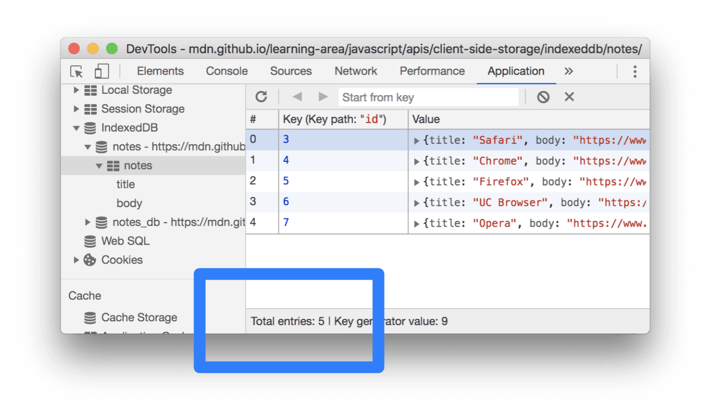 IndexedDB データベース内のエントリの合計数。