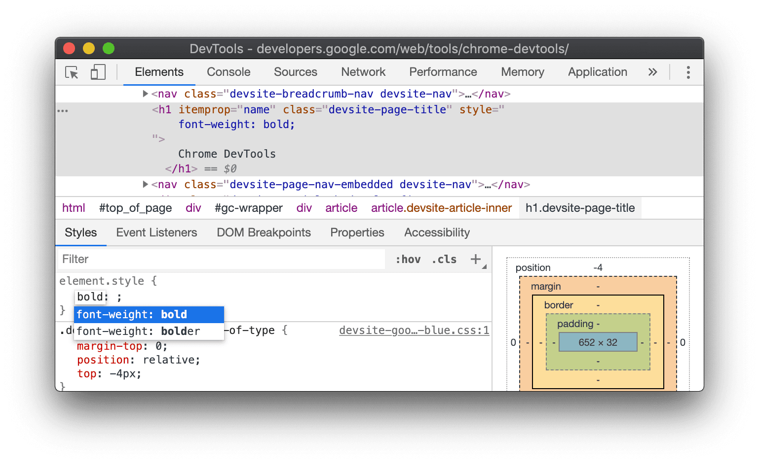 After typing 'bold' the Styles pane autocompletes to 'font-weight: bold'.