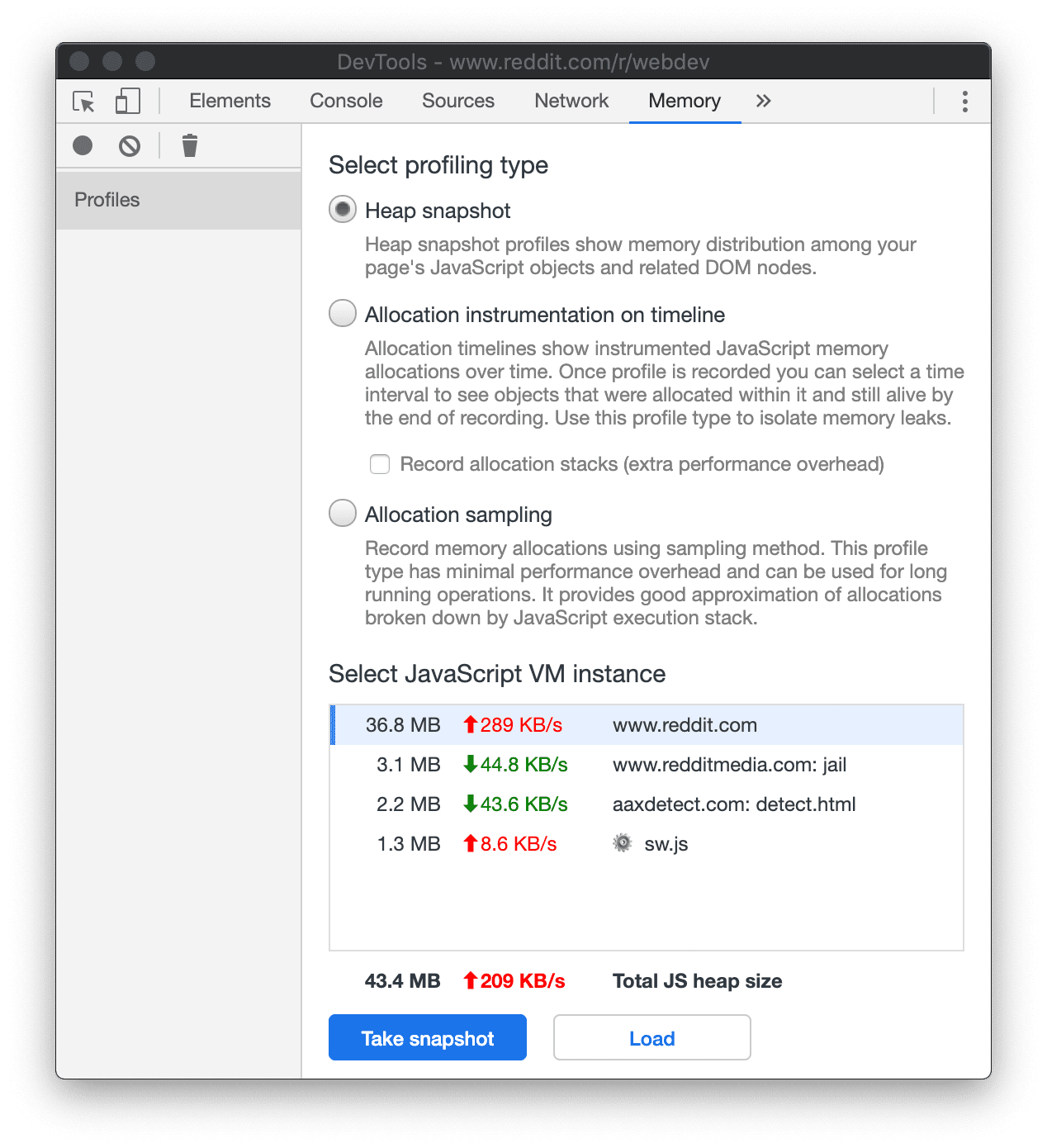 Real-time total memory usage.