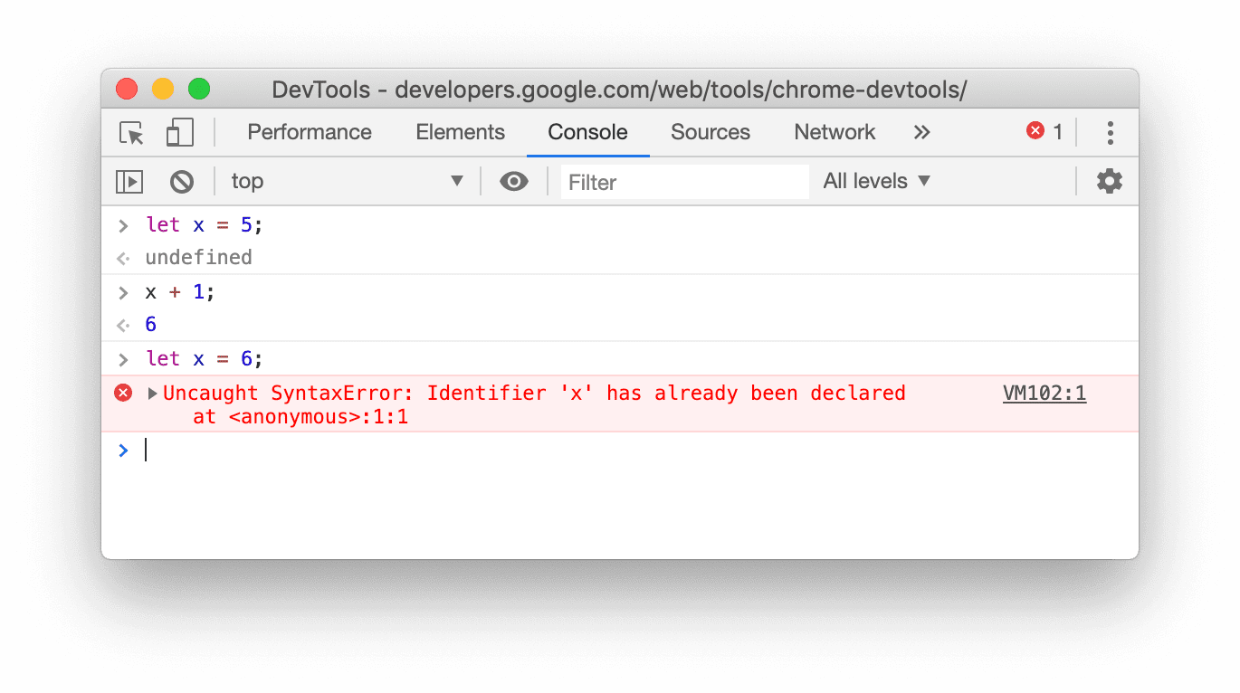 Captura de pantalla de la consola en Chrome 78 que muestra que la redeclaración de let falla.