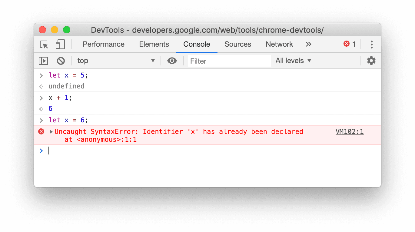 Screenshot Konsol di Chrome 78 yang menunjukkan bahwa pernyataan ulang &quot;izinkan&quot; gagal.