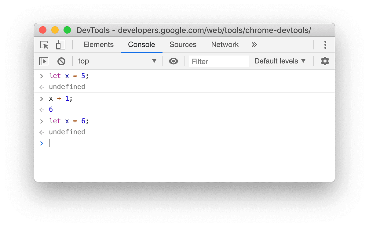 let 재선언이 성공했음을 보여주는 Chrome 80 콘솔의 스크린샷