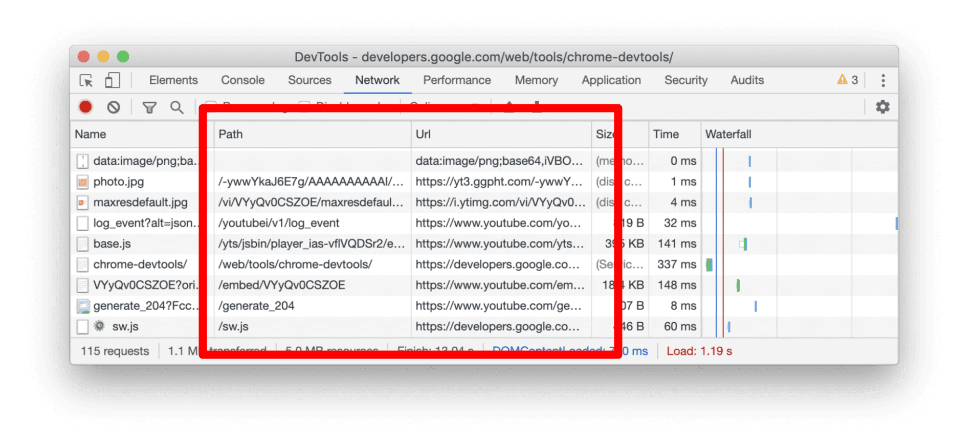 Screenshot kolom Jalur dan URL baru di panel Jaringan.