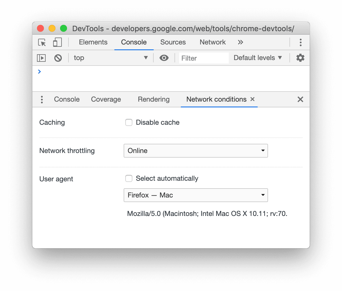 Captura de tela do menu &quot;User Agent&quot; na guia &quot;Network conditions&quot;.