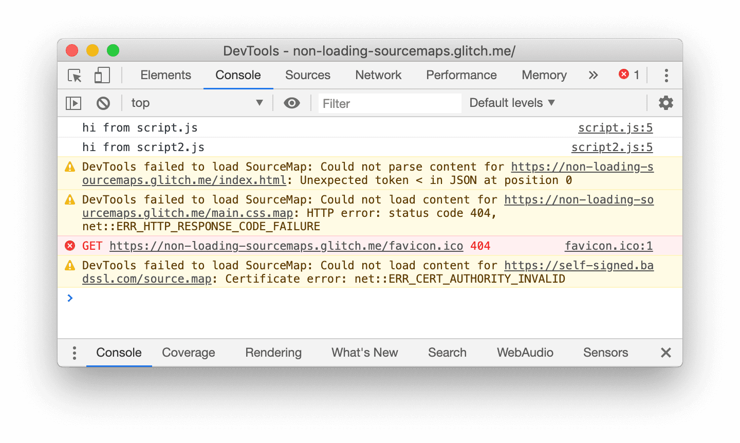 A source map loading error in the Console
