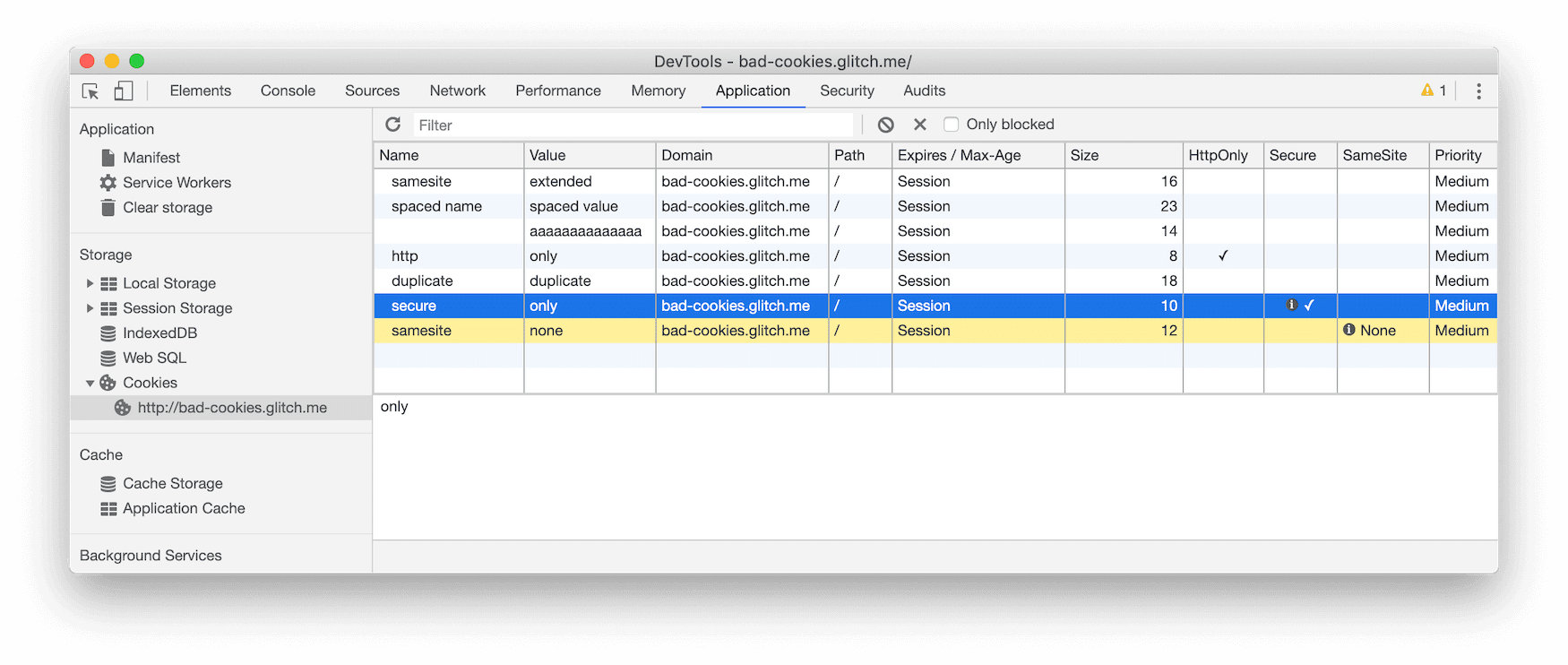 Cookie yang diblokir di panel Cookies pada panel Application