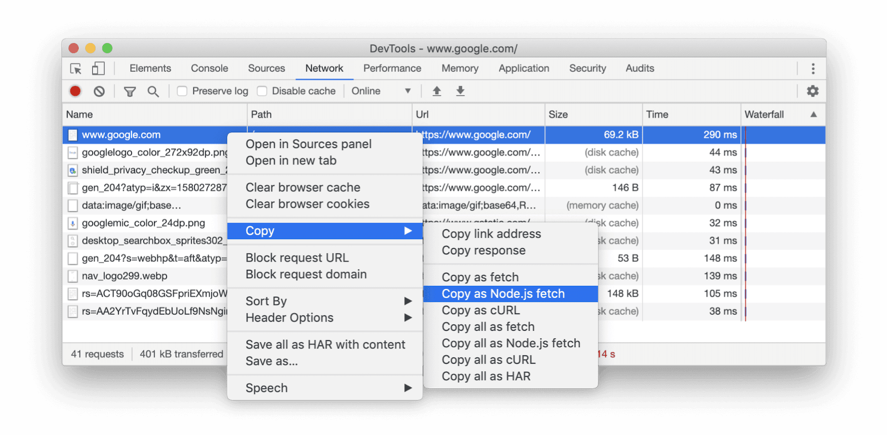 คัดลอกเป็นการดึงข้อมูล Node.js