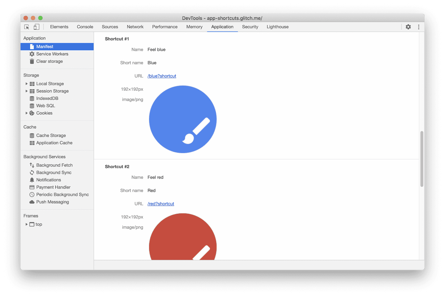 App shortcuts in the Manifest pane.