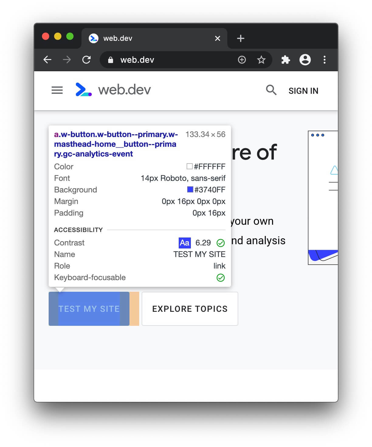 ユーザー補助情報を含む [Inspect Mode] ツールチップ。