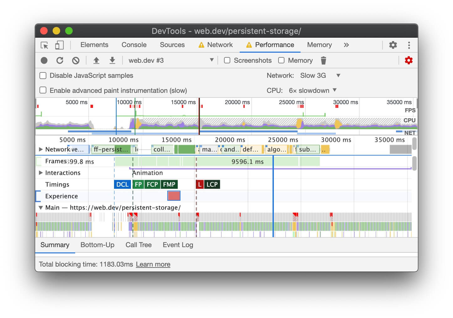 Informasi Total Blocking Time di footer rekaman panel Performa.