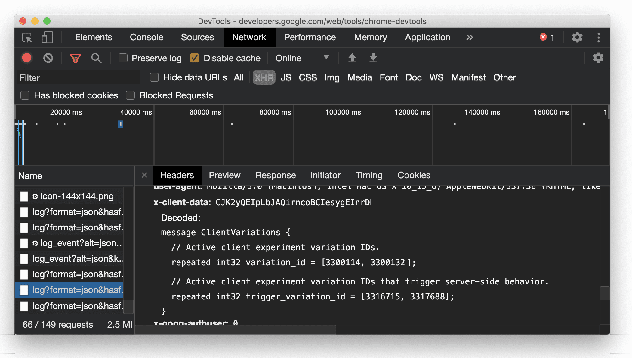 사람이 읽을 수 있는 `X-Client-Data` 헤더 값