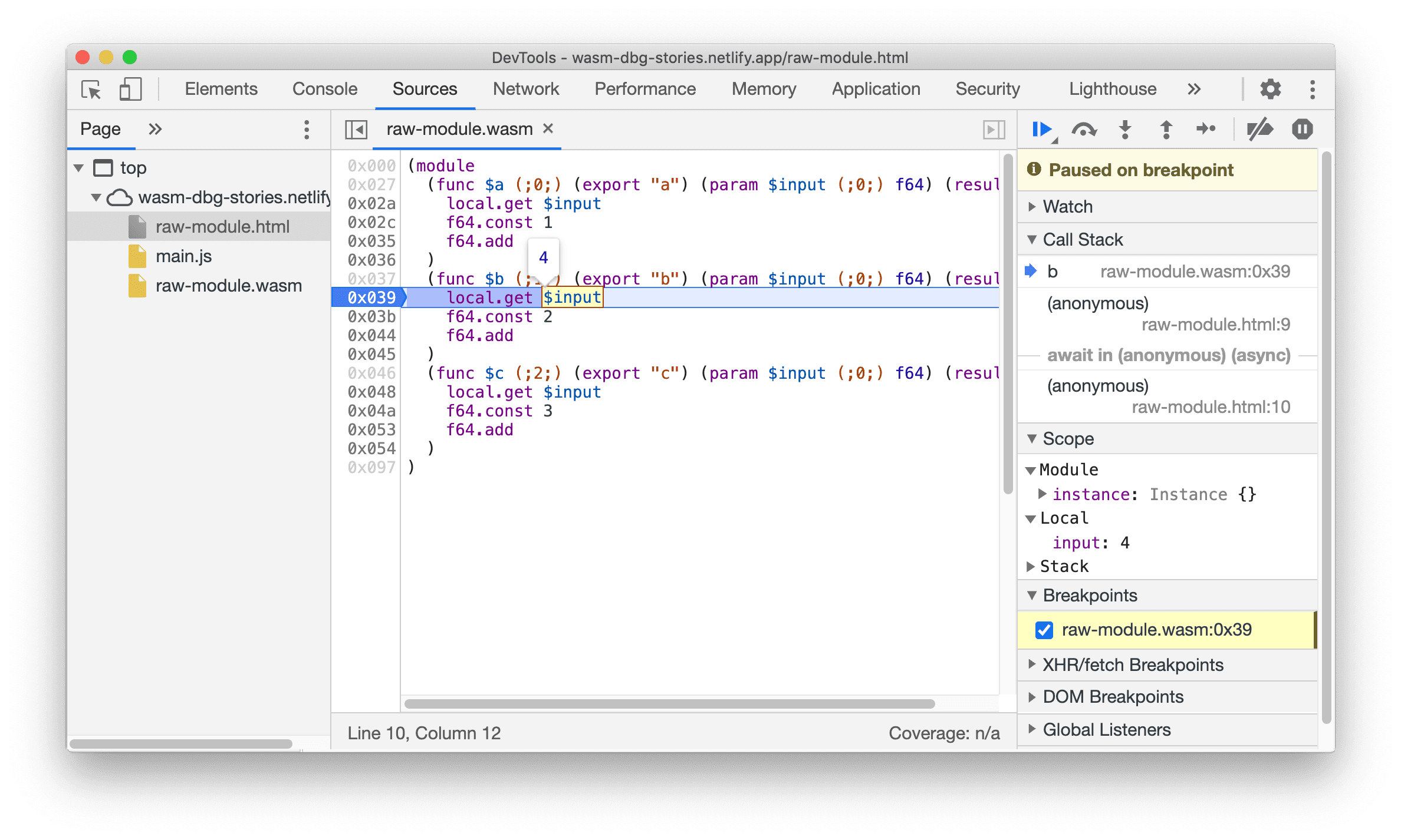 Visualizar a variável Wasm ao passar o cursor sobre ela