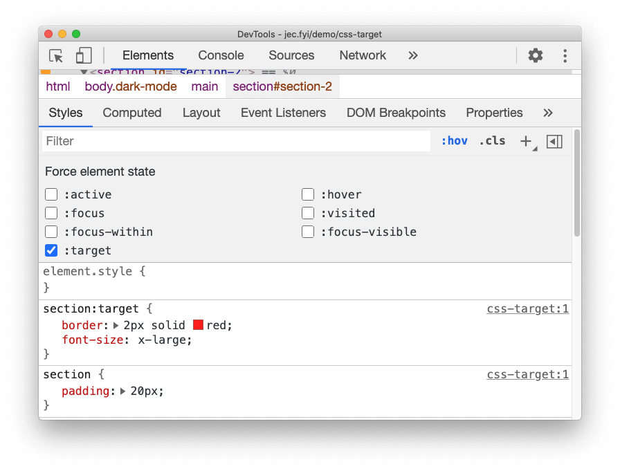 CSS `:target` 상태 강제