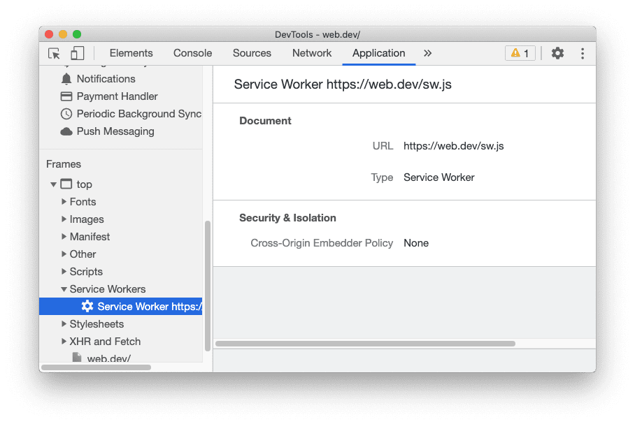 [Frame details] ビューの Service Worker 情報