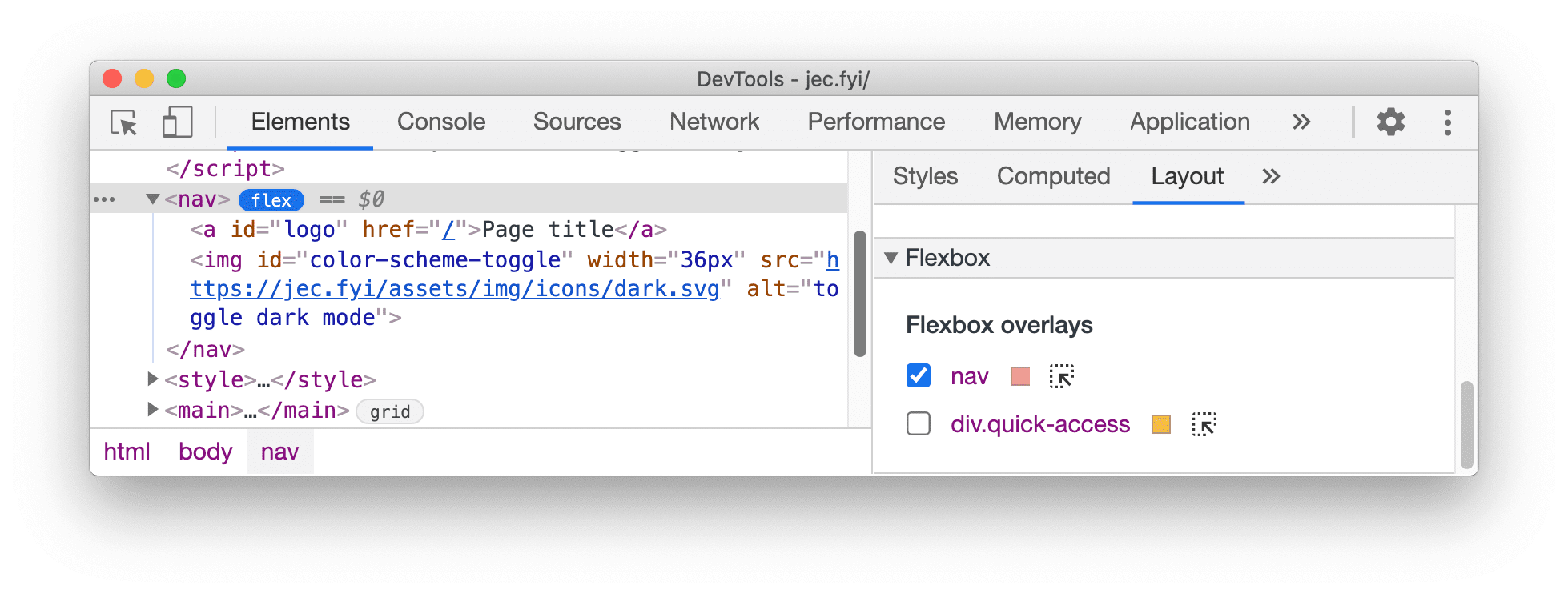 「Layout」窗格中的「Flexbox」部分