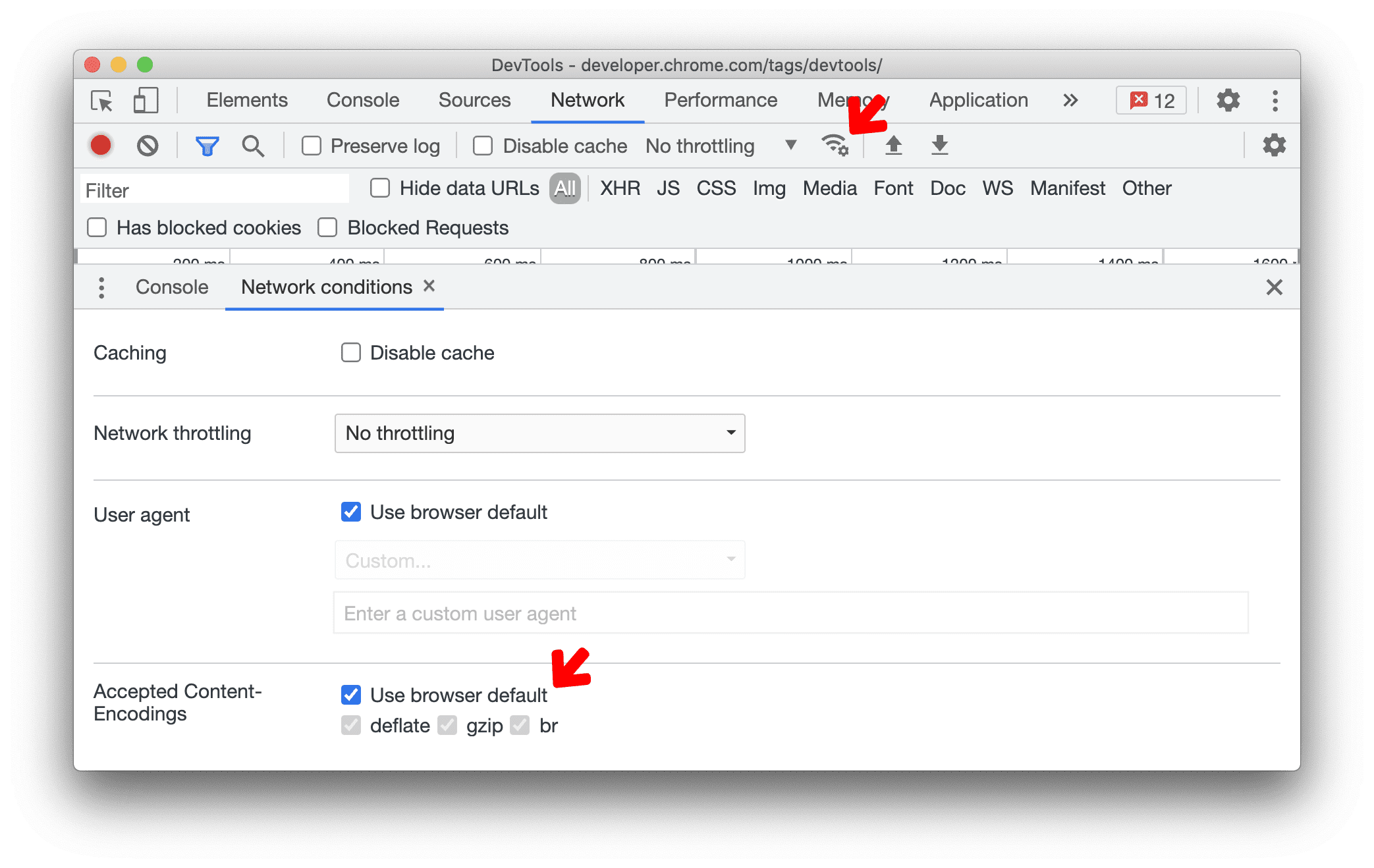 Botão &quot;New network conditions&quot; com opções para configurar o Content-Encoding