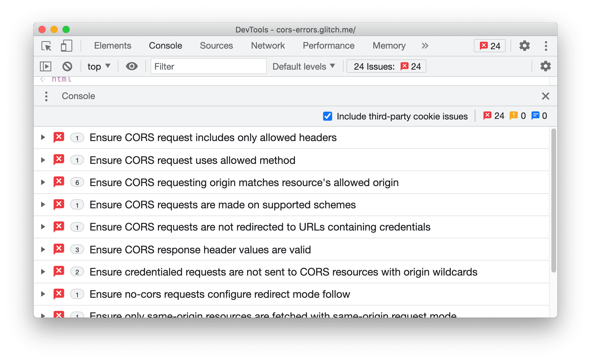 “Issues”（问题）标签页中的 CORS 问题