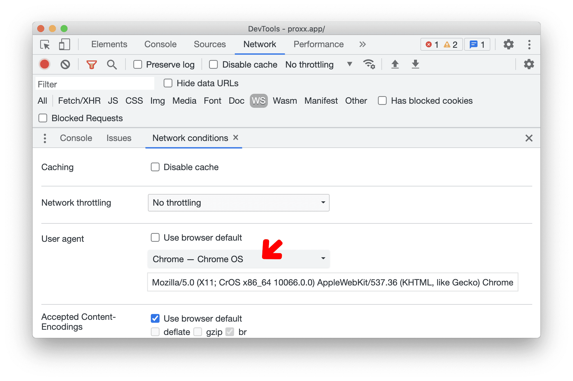 User-Agent Client Hints para dispositivos en la pestaña Condiciones de la red