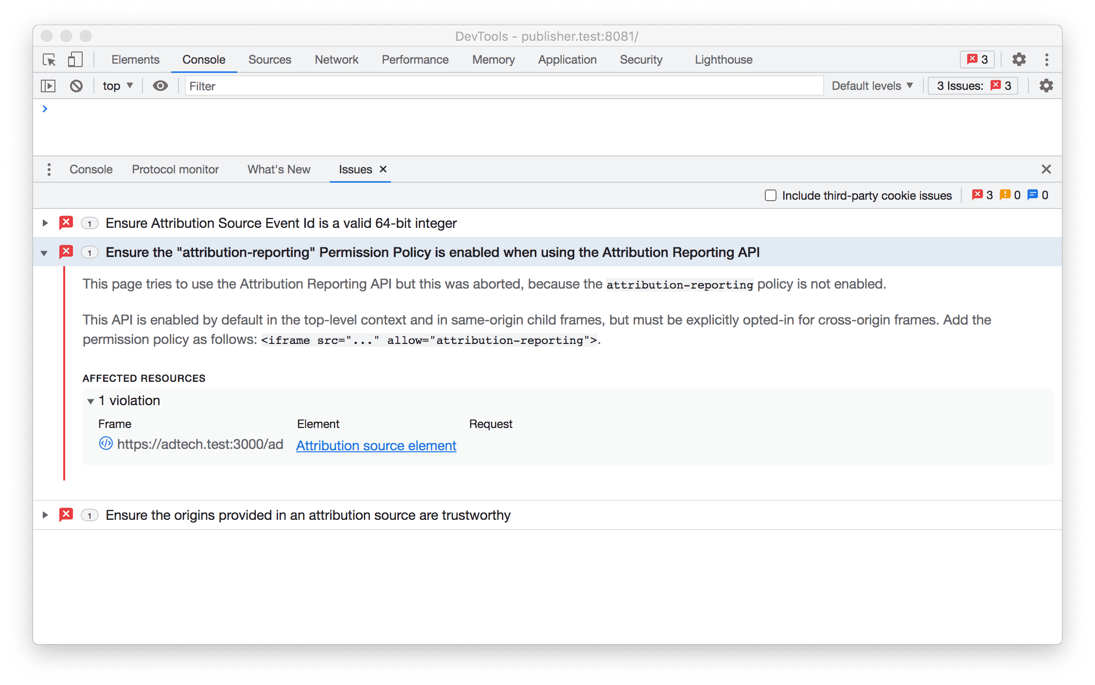 خطاهای Attribution Reporting API در برگه Issues