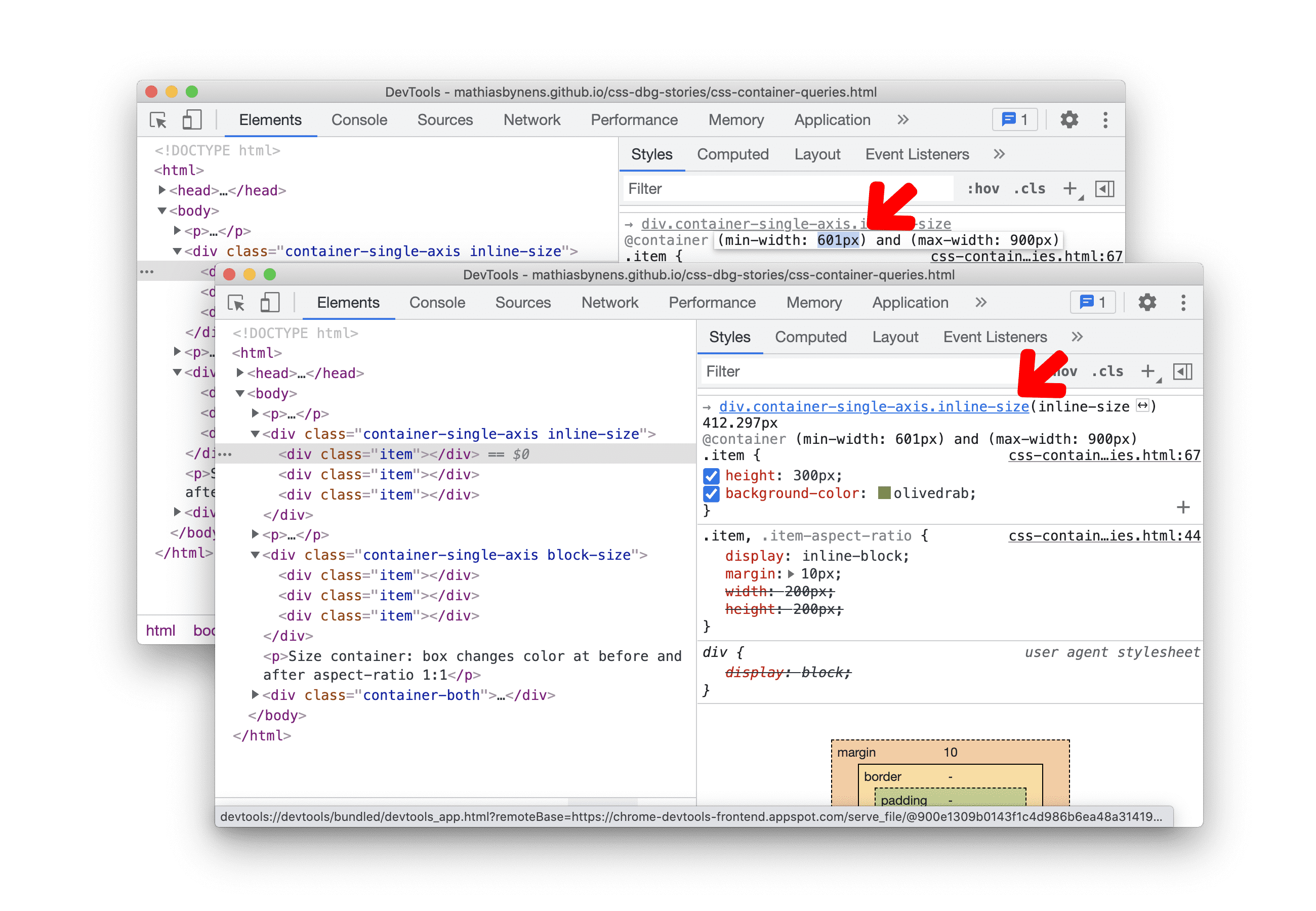 Consultas editables del contenedor de CSS en el panel Estilos