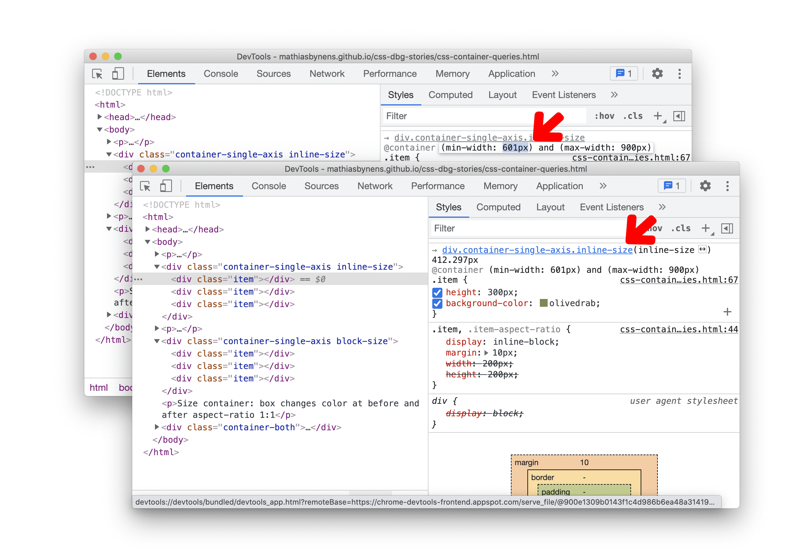 「樣式」窗格中的可編輯 CSS 容器查詢