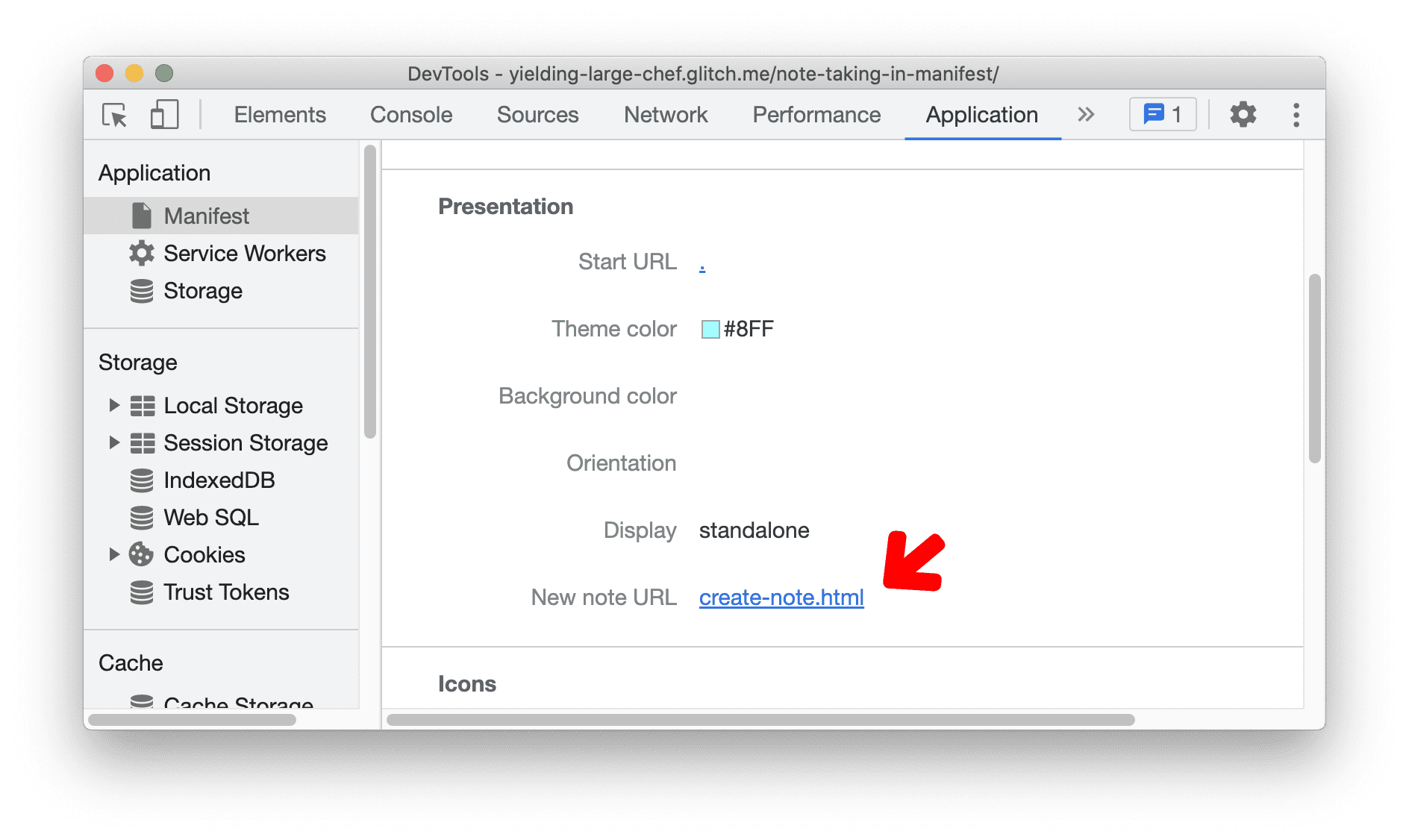 Novo URL de nota no painel &quot;Manifest&quot;