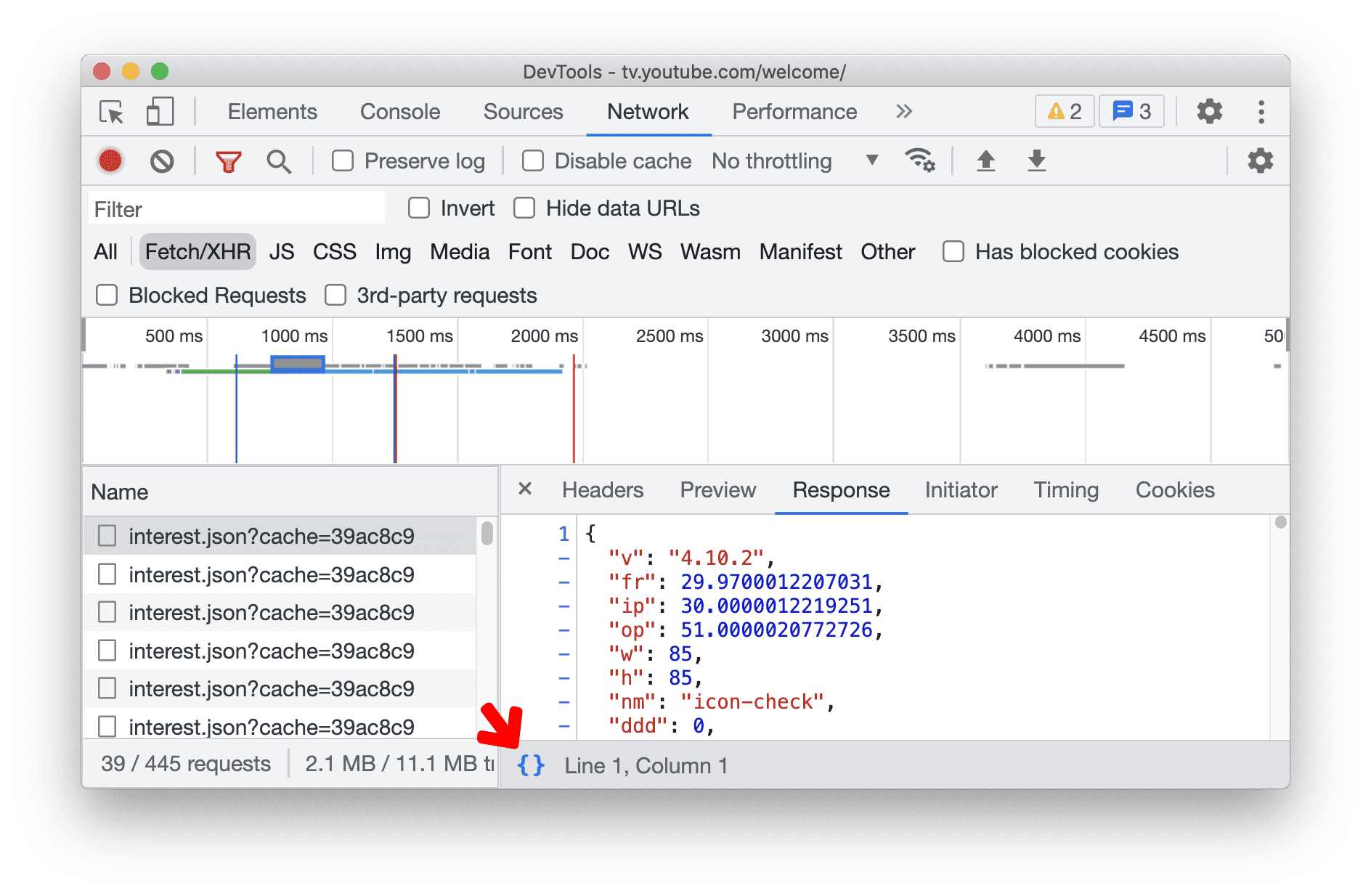  Stampa in formato leggibile delle risposte JSON nel riquadro Rete