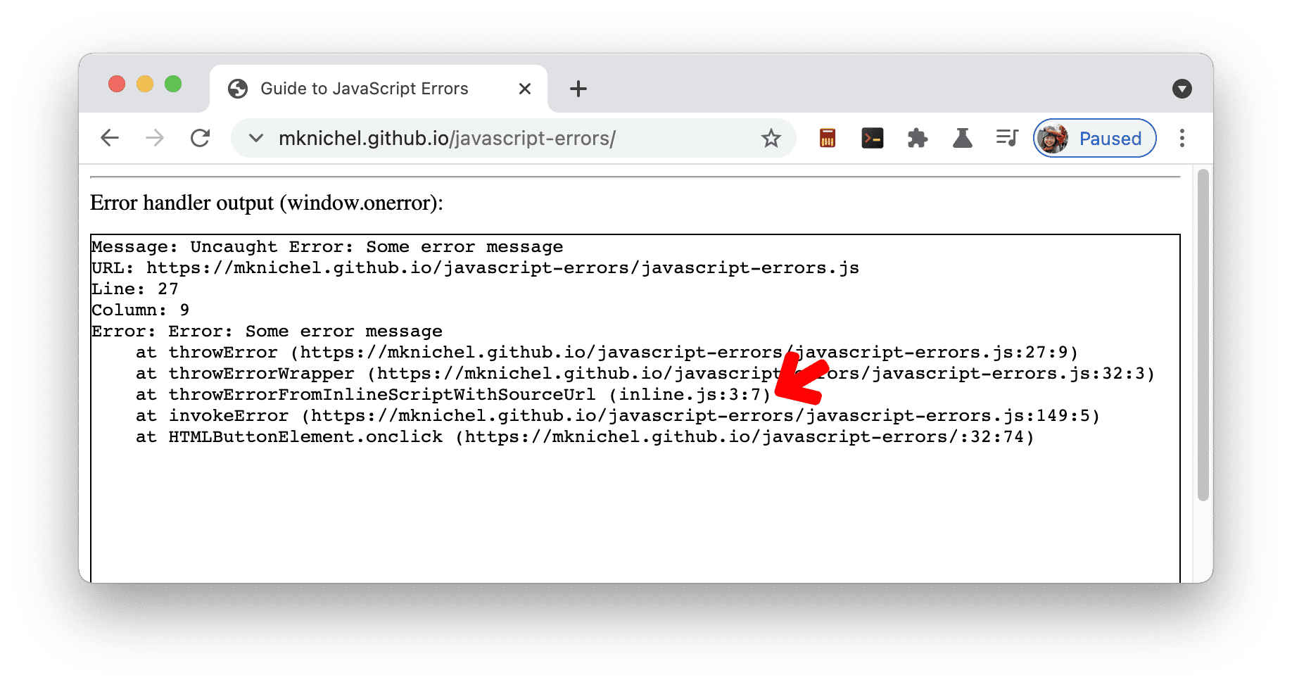 מעקב ערימה תקין של שגיאות בסקריפטים מוטמעים עם #sourceURL