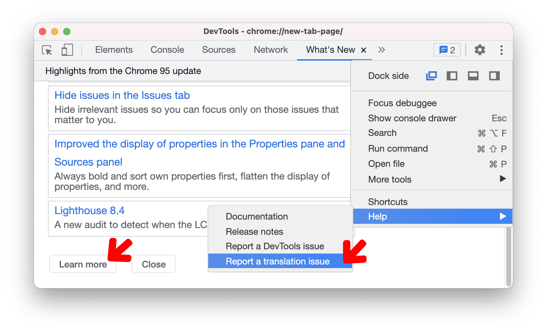 Novos links para notas da versão traduzidas e informar um bug de tradução