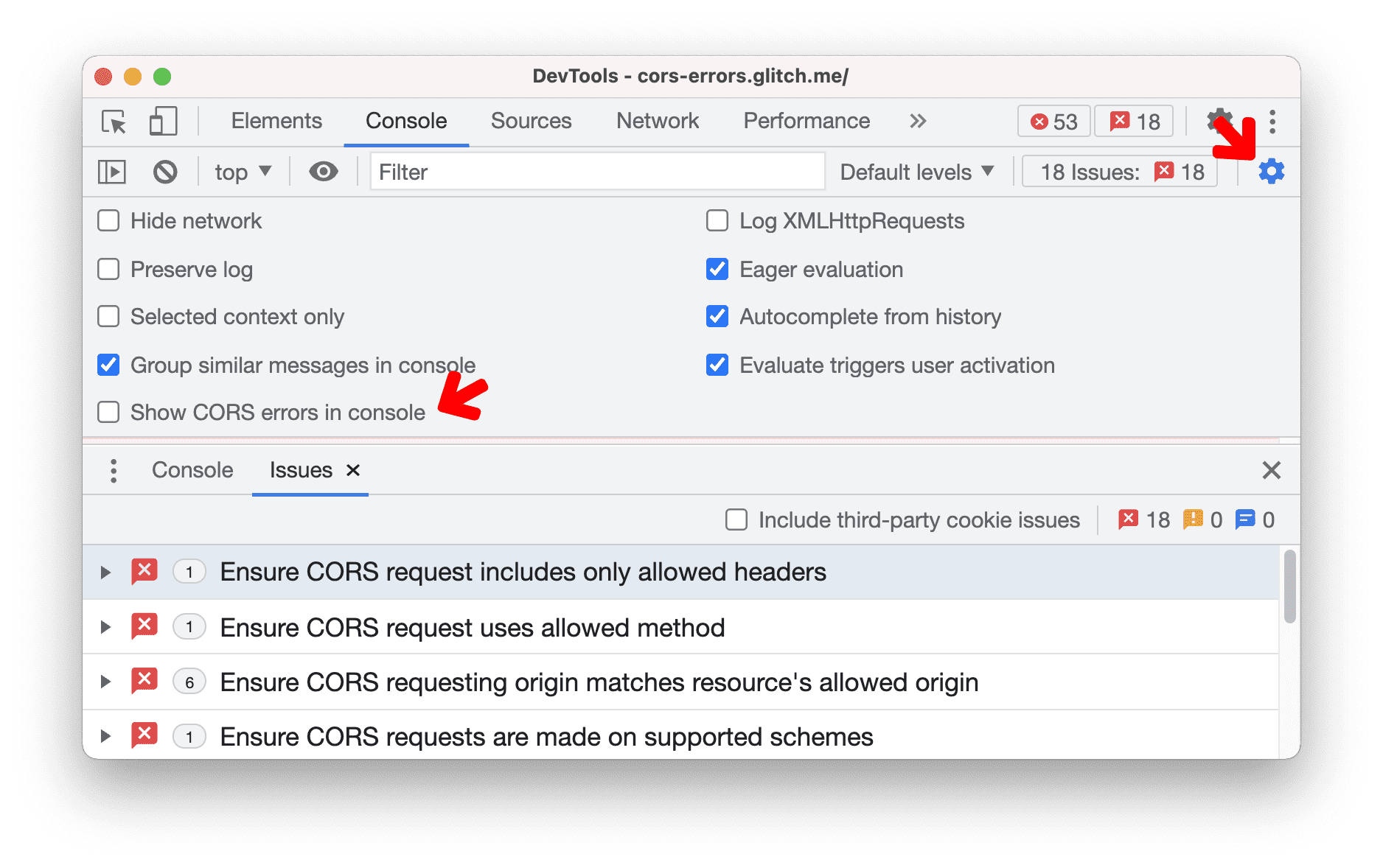 Option permettant de masquer les erreurs CORS dans la console