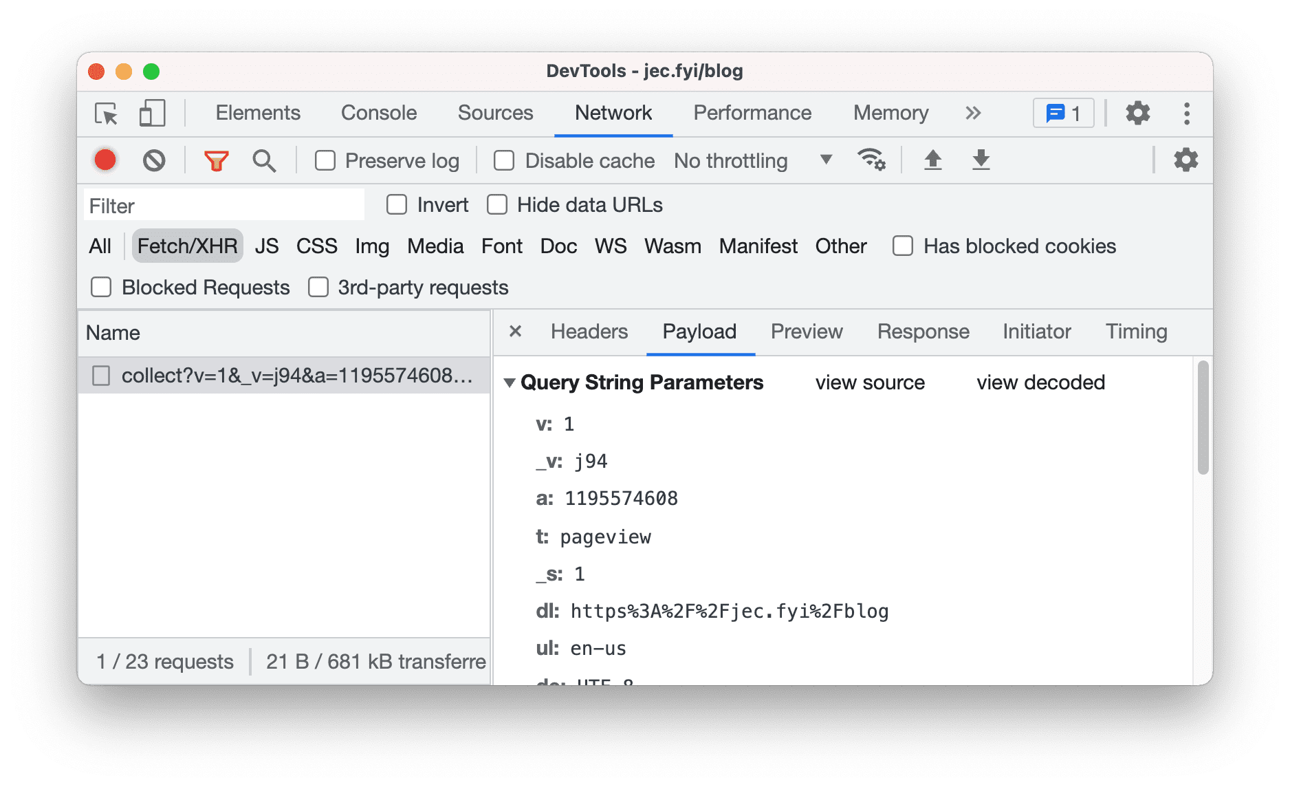 Payload tab in the Network panel