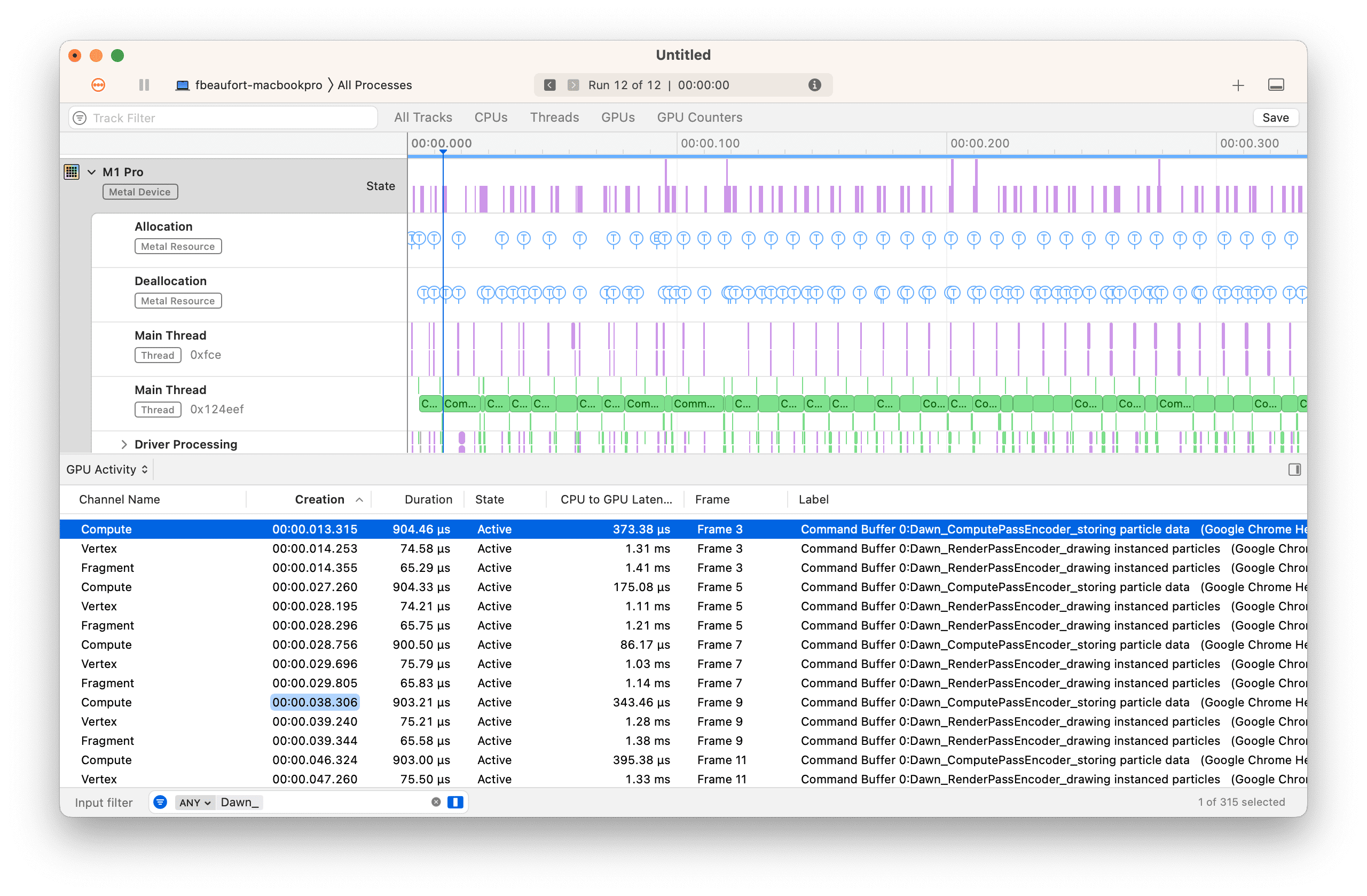 macOS 上的 Instruments 应用的屏幕截图，其中显示了来自 WebGPU 的自定义标签。