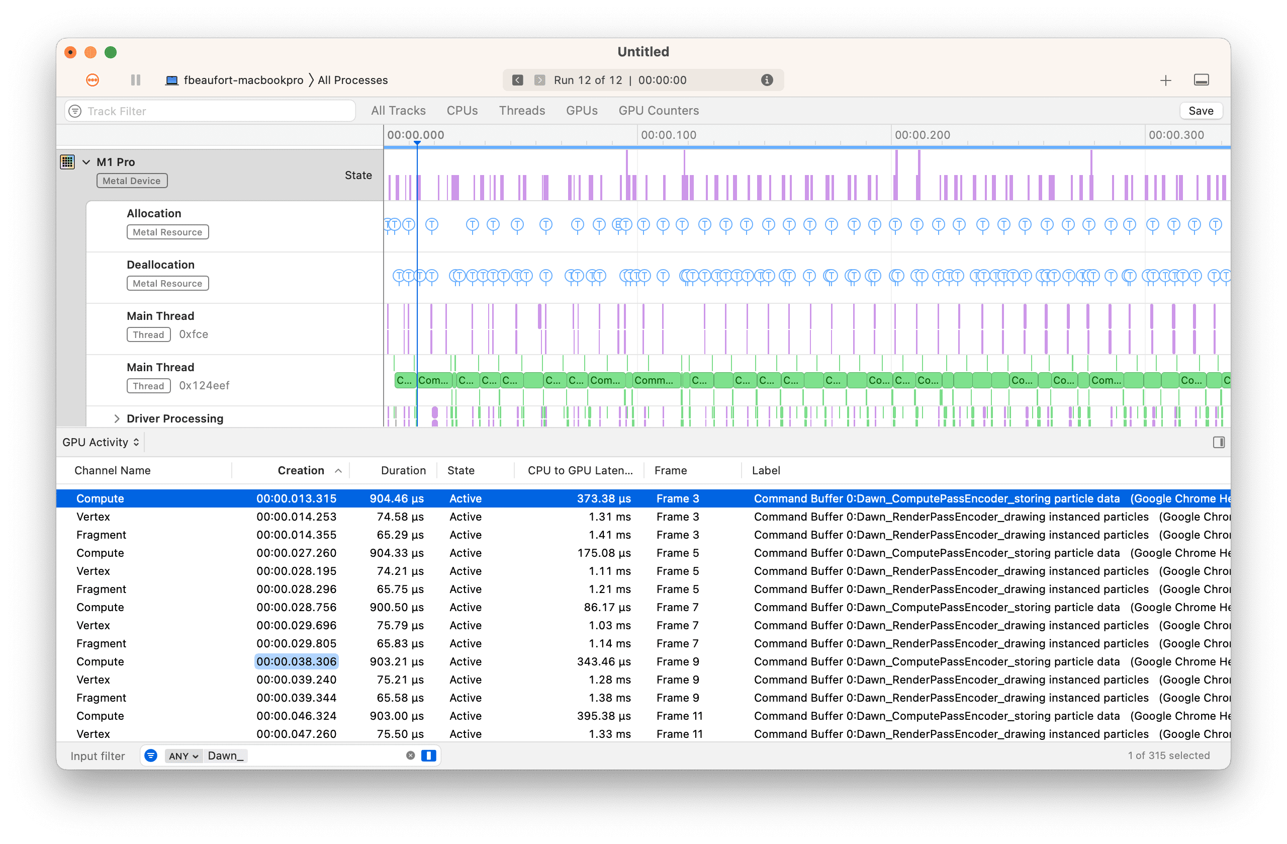 Captura de pantalla de la app de Instruments en macOS que muestra etiquetas personalizadas provenientes de WebGPU.