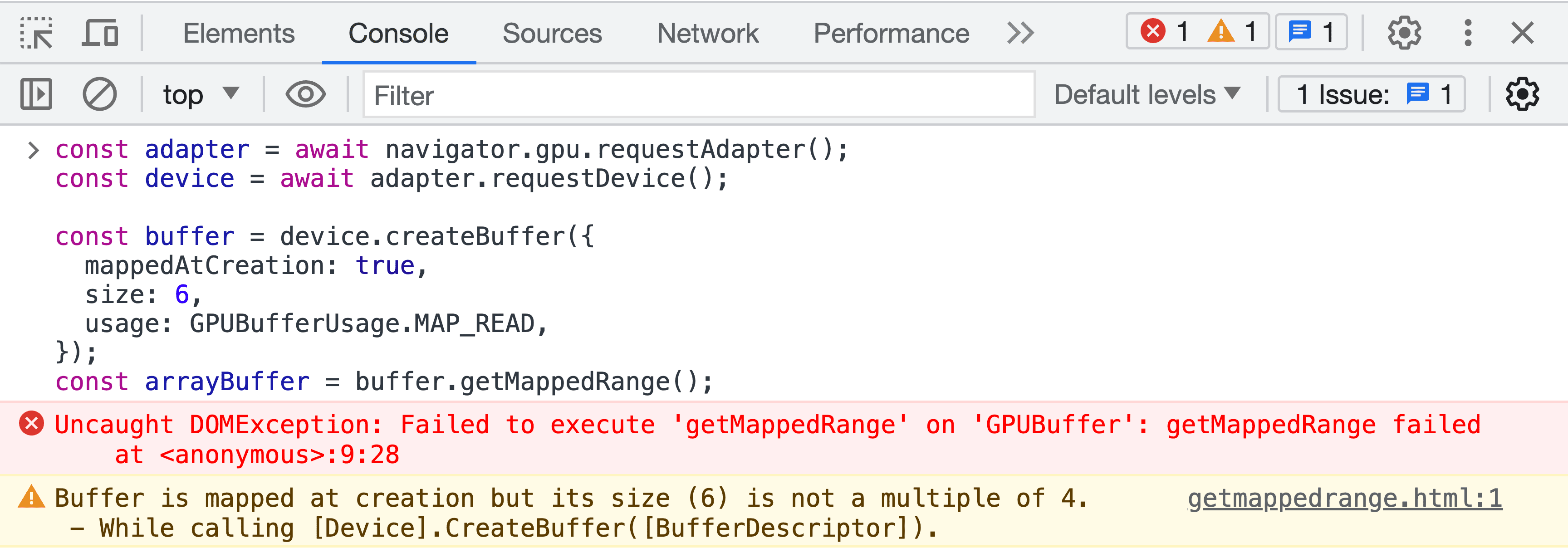 צילום מסך של לוח JavaScript של כלי פיתוח, הכולל הודעת שגיאה של אימות מאגר נתונים זמני.