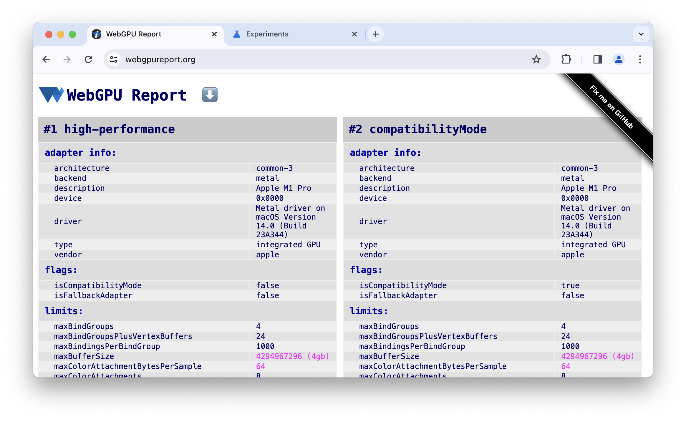 Screenshot von https://webgpureport.org mit Informationen zum Back-End und zum Adaptertyp