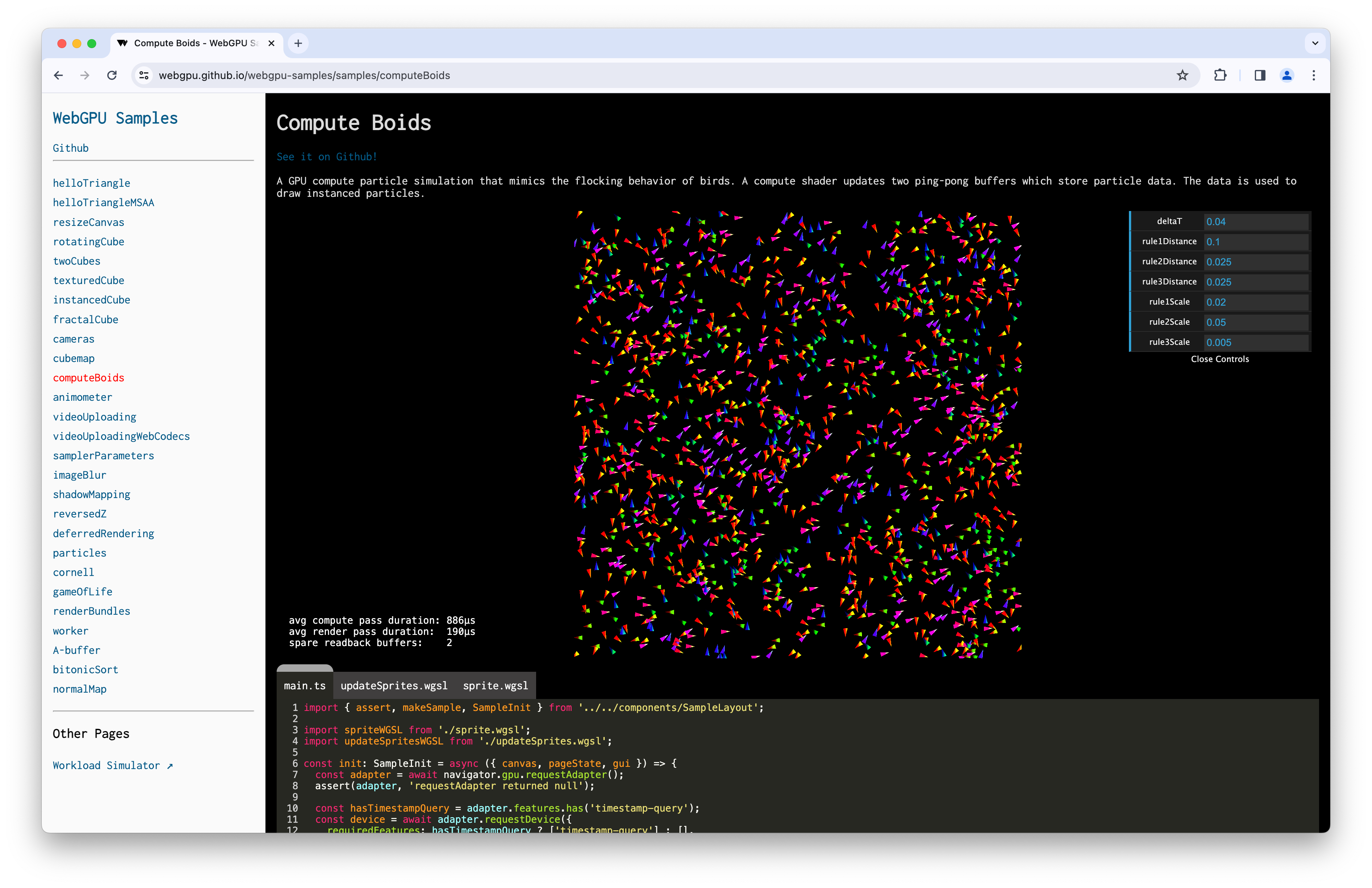 Screenshot des Beispiels „Compute Boids“ mit Zeitstempelabfrage