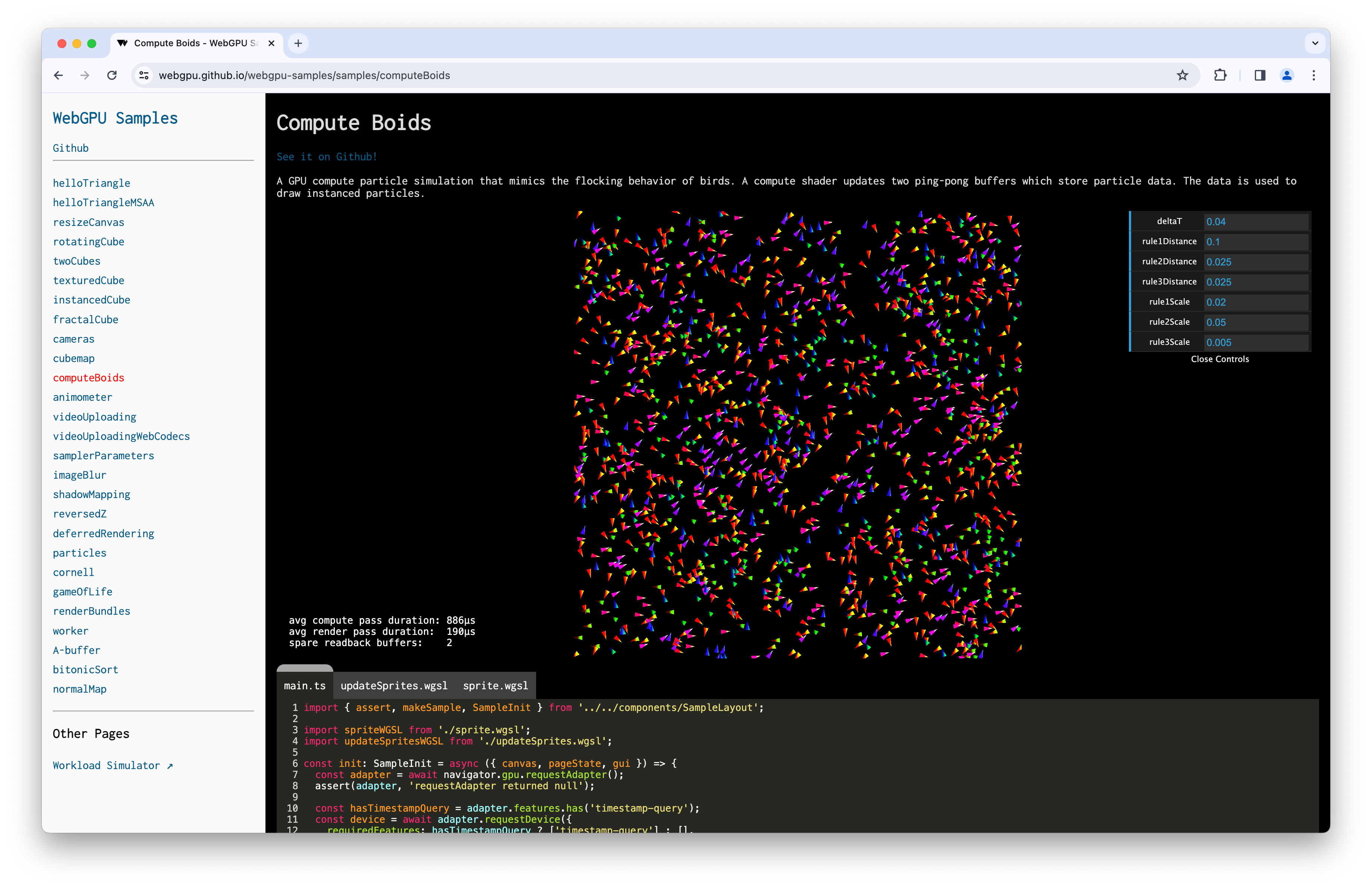 Captura de tela da amostra do Compute Boids com consulta de carimbo de data/hora.