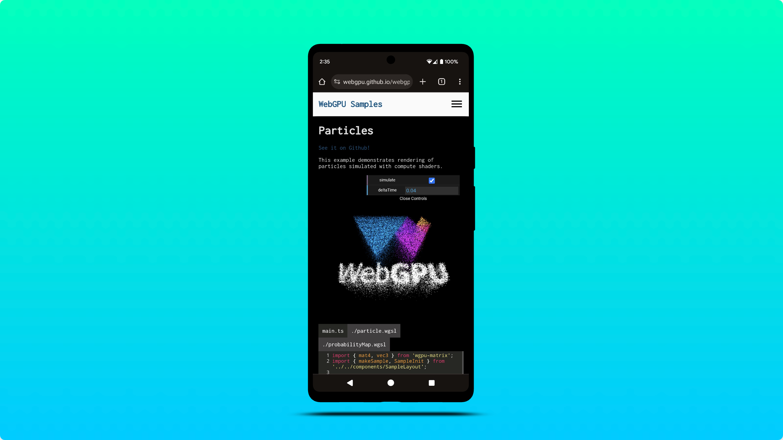 צילום מסך של דוגמה ל-WebGPU שפועלת ב-Chrome ל-Android.