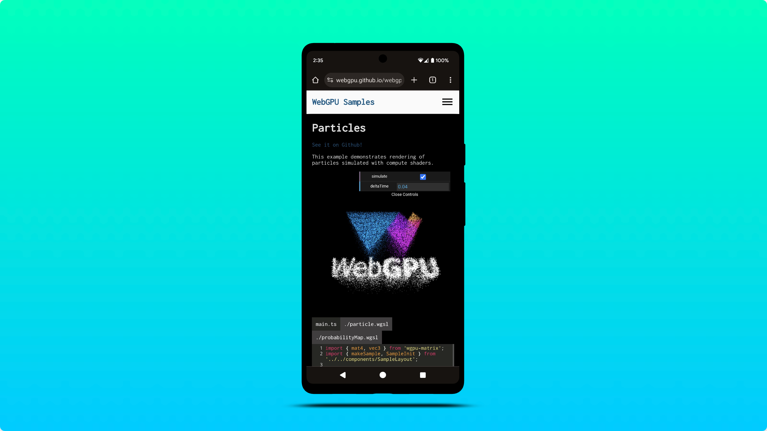 Zrzut ekranu pokazujący przykładową platformę WebGPU działającą w Chrome na Androida.