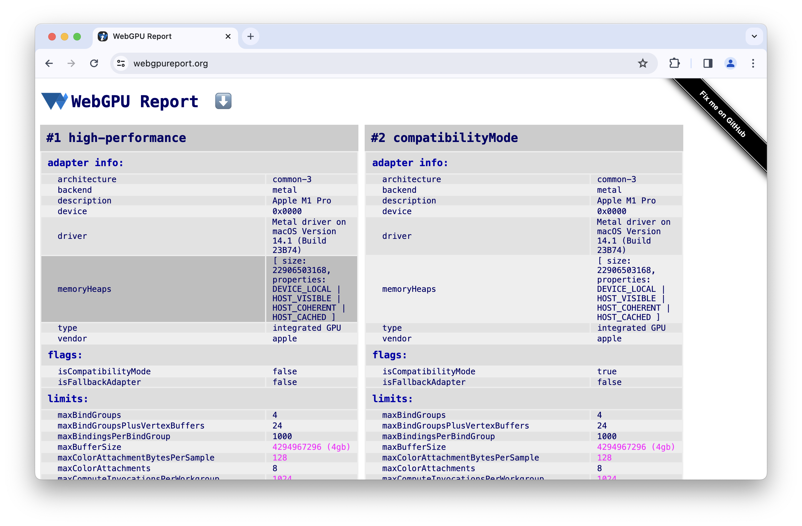 アダプター情報にメモリヒープが表示されている https://webgpureport.org のスクリーンショット。