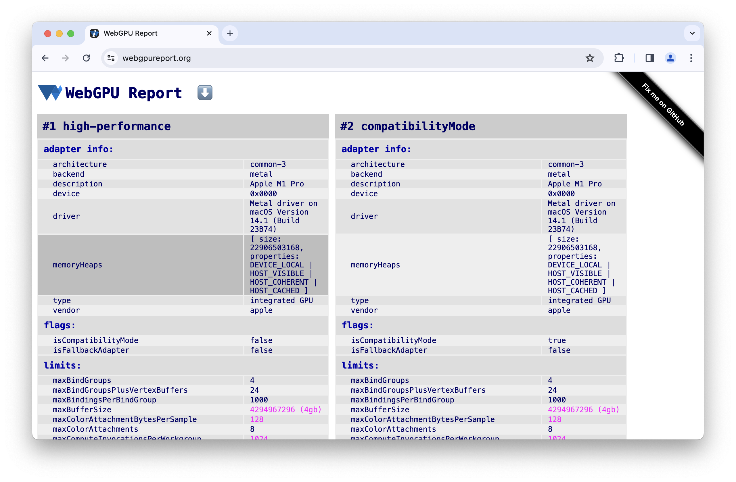 Schermafbeelding van https://webgpureport.org met geheugenhopen in adapterinformatie.