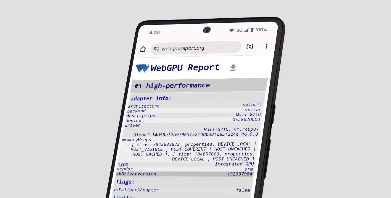 Zrzut ekranu przedstawiający stronę https://webgpureport.org z parametrem vkDriverVersion w informacjach o adapterze.