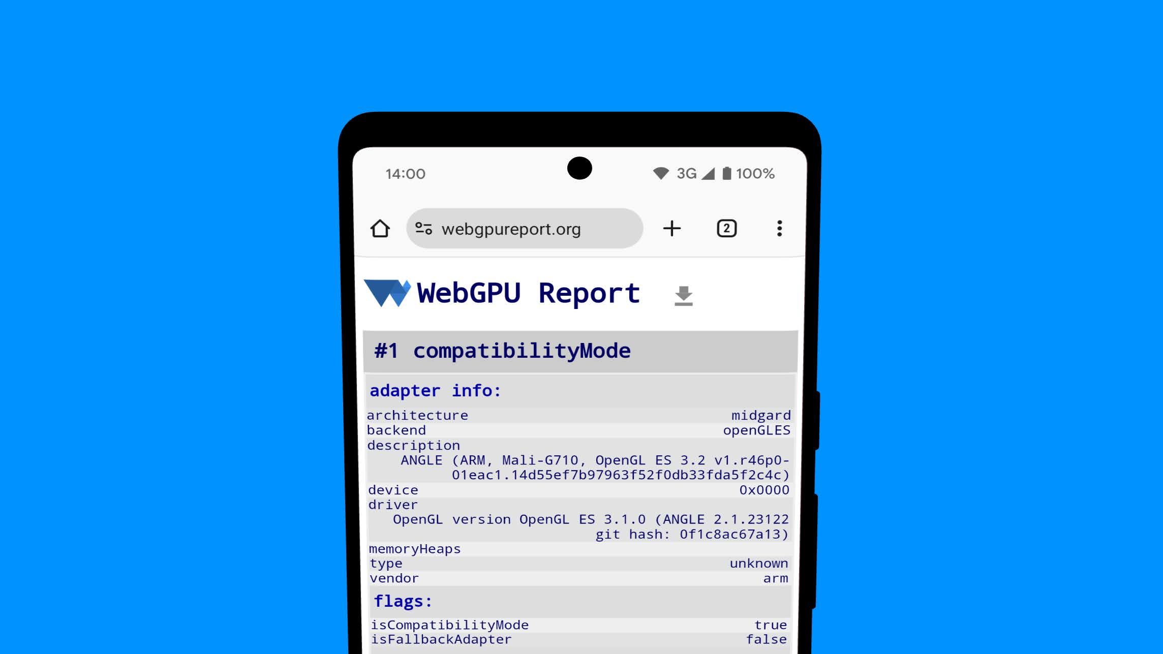 تعرِض صفحة تقرير WebGPU معلومات عن GPUAdapter من الخلفية OpenGL ES على جهاز Android.